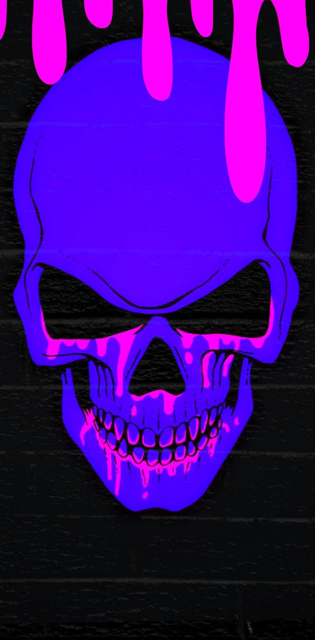 A skull with a dripping pink and blue neon look - Neon purple