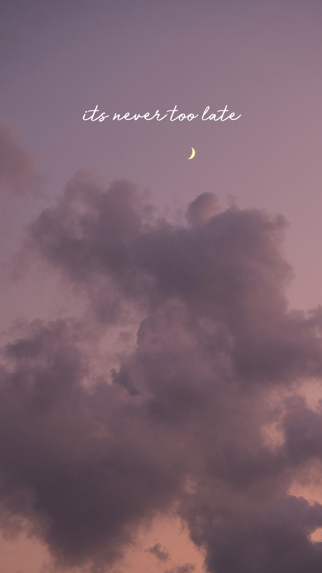 Clouds in a purple sky with the moon and the words 