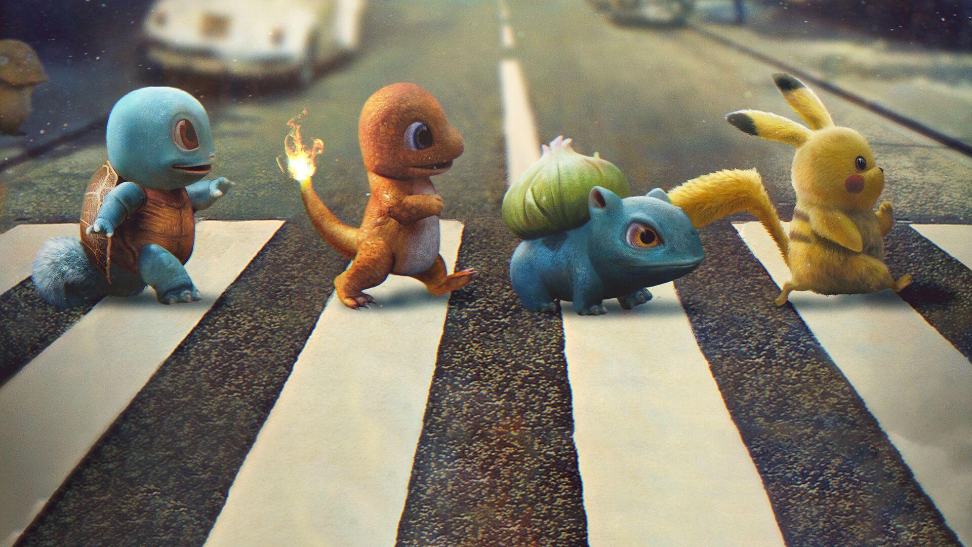 A group of pokemon crossing the road - Pokemon