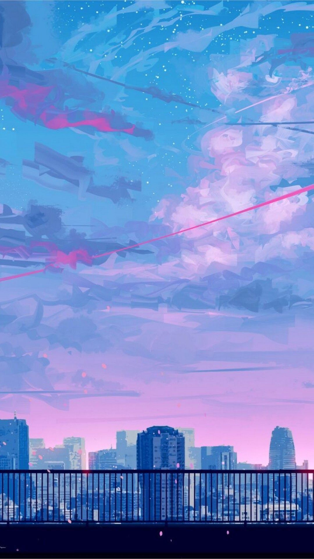 A painting of the sky with clouds and buildings - IPhone, 90s anime, 90s, anime landscape, anime, anime city, anime sunset, colorful, cool, blue anime, skyline, landscape, scenery