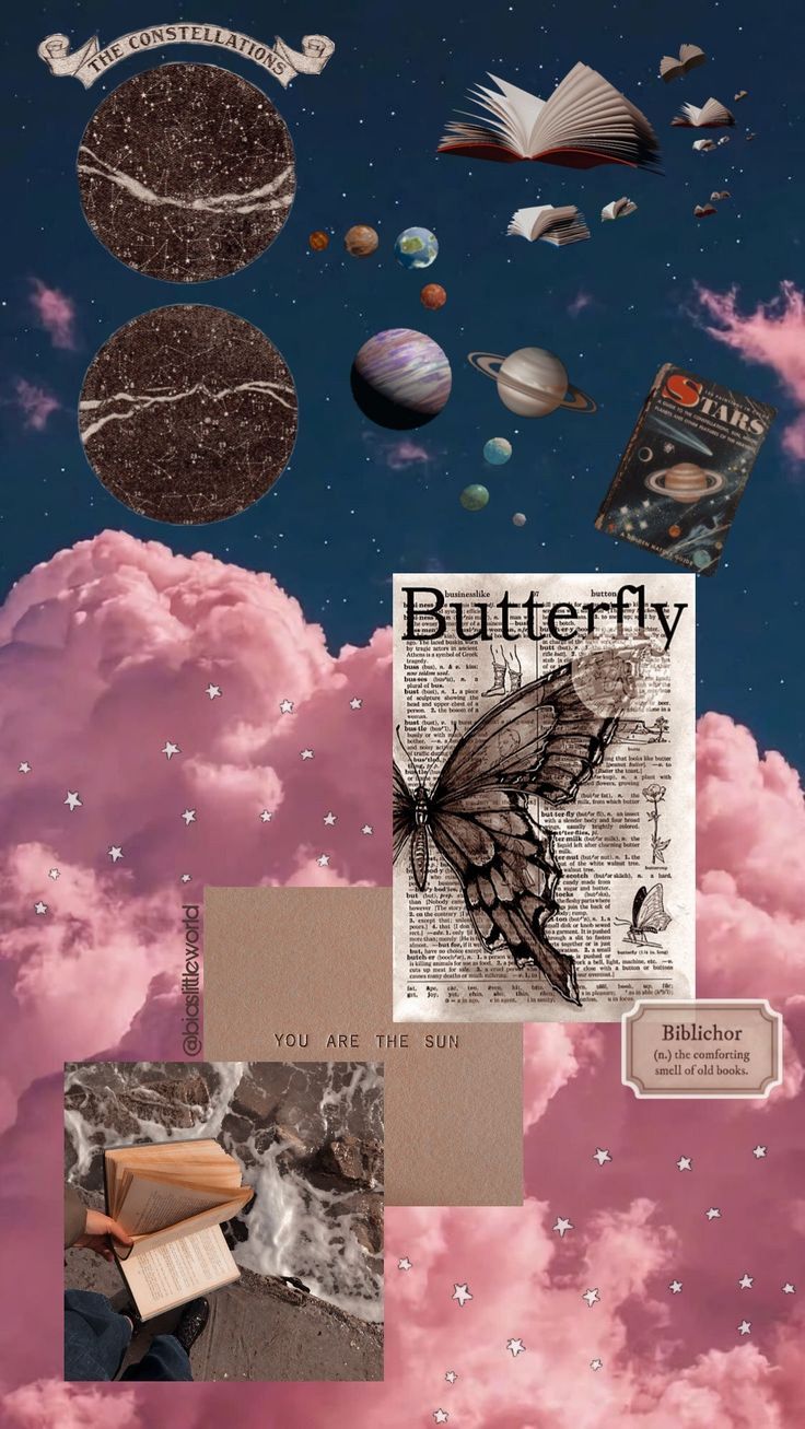 Aesthetic background with butterfly, books, planets, and clouds - IPhone, butterfly, planet