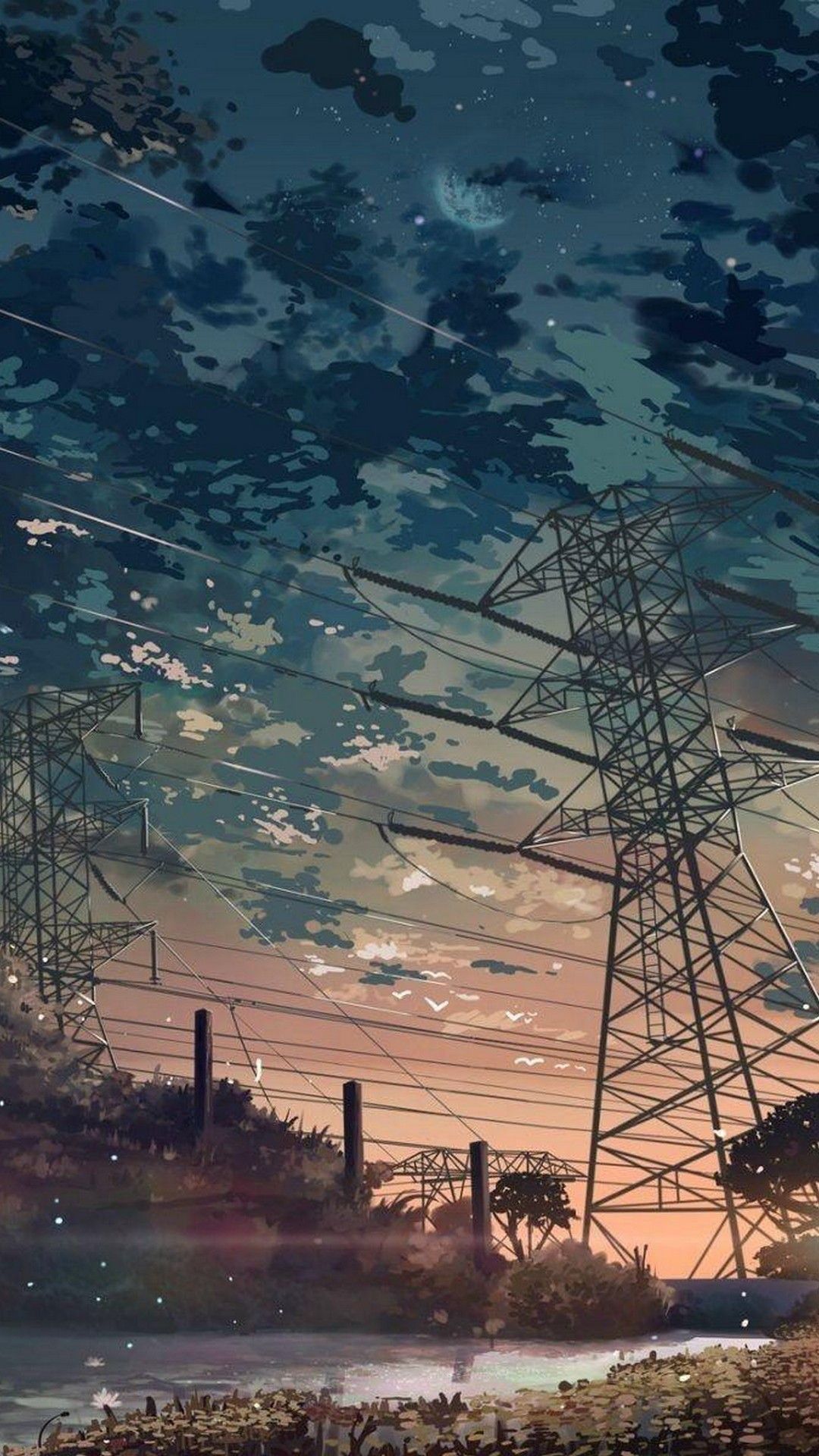 IPhone wallpaper of power lines in the sunset - IPhone, anime city