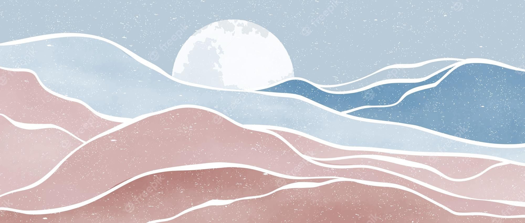 Premium Vector. Ocean wave and the moon creative minimalist modern hand painted illustration abstract contemporary aesthetic background landscapes