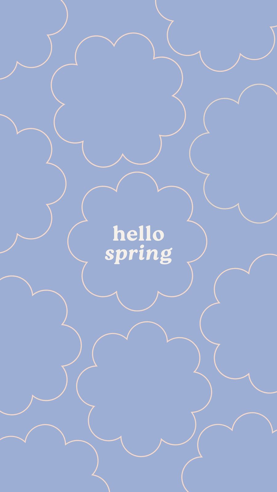 A blue background with white clouds and the words hello spring - Bright