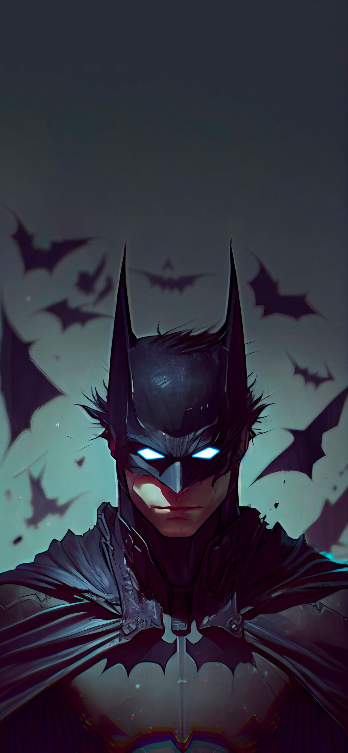 A close up of a batman illustration with bats in the background - Batman