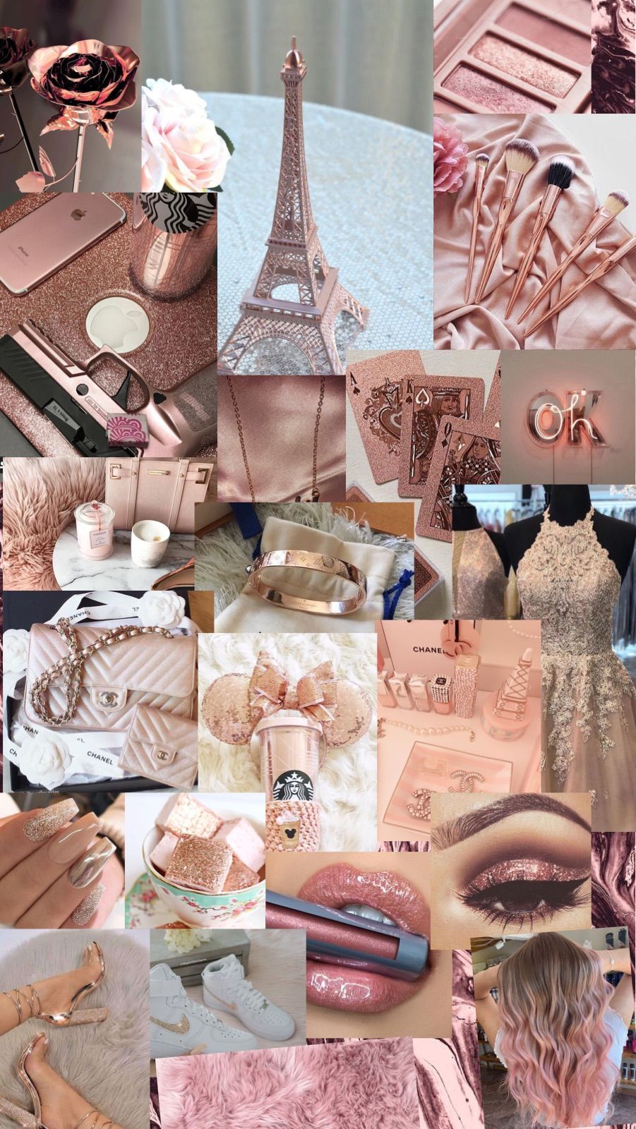 A collage of pictures with pink and white - Rose gold