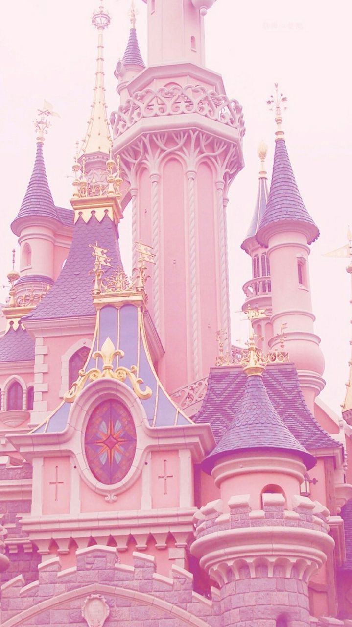 A pink castle with blue and gold towers - Pastel pink, pastel, castle