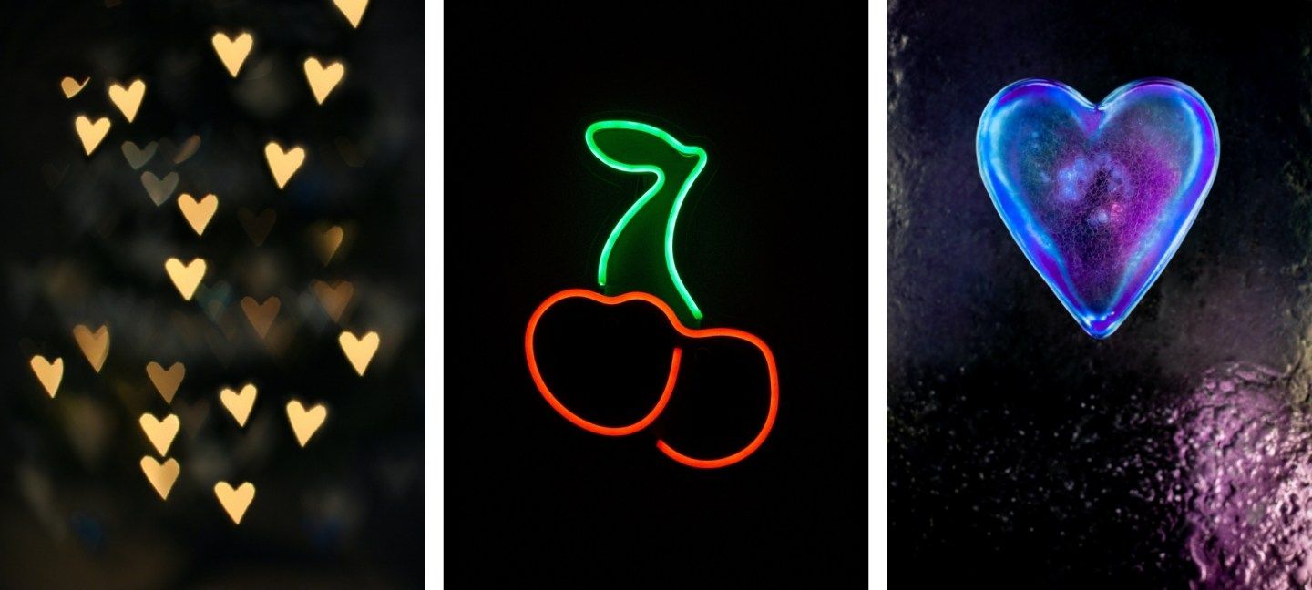 Three phone screens, left to right: a field of yellow hearts, neon cherries, and a neon blue heart with a galaxy inside. - Heart