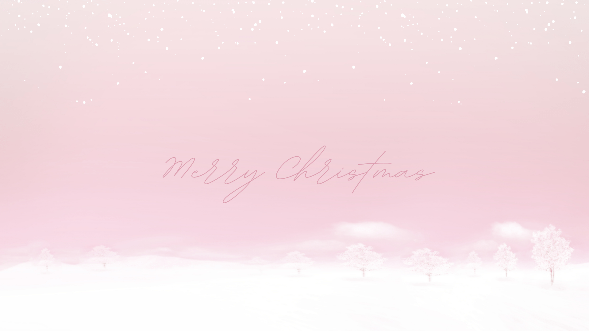 A pink Christmas background with snow falling and trees in the distance. - Pastel