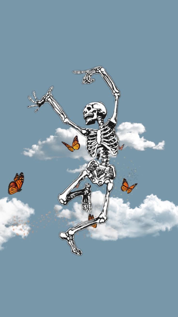 A skeleton is dancing in the sky with butterflies - Skeleton