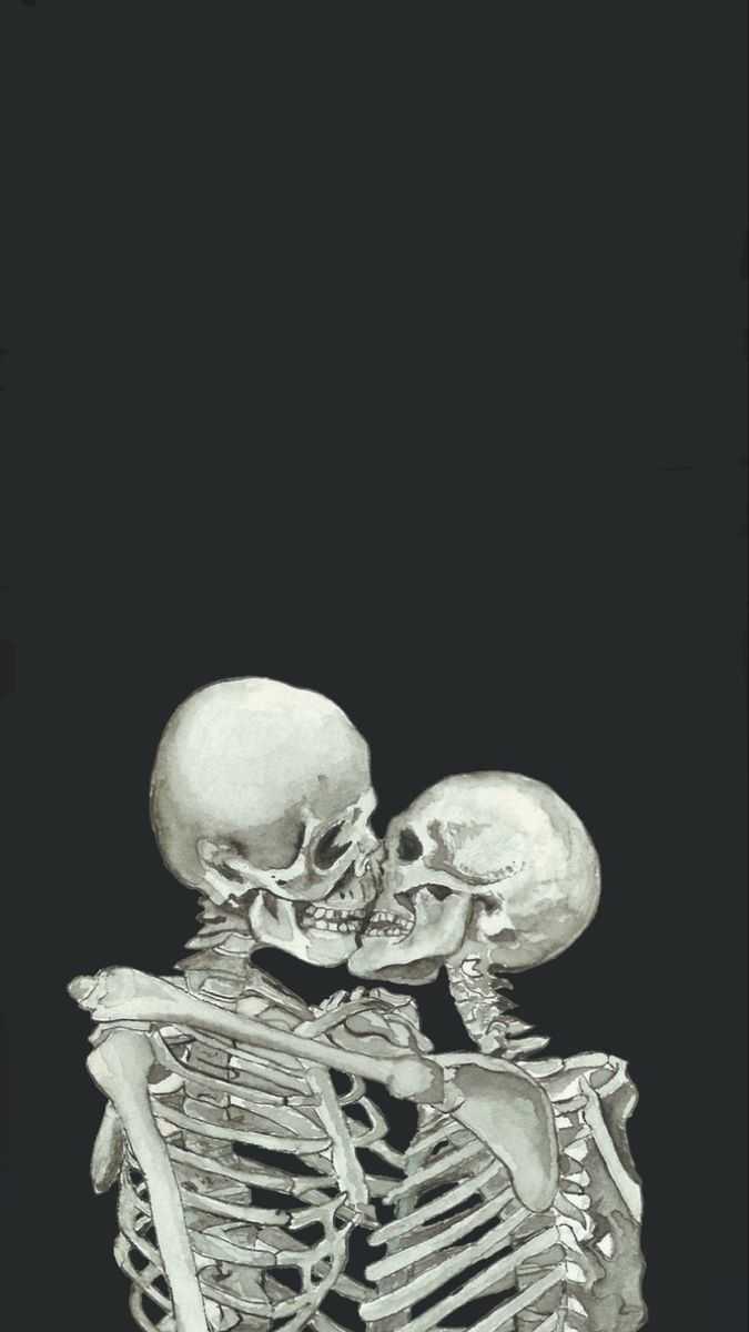 A painting of two skeletons kissing on black background - Skeleton, gray