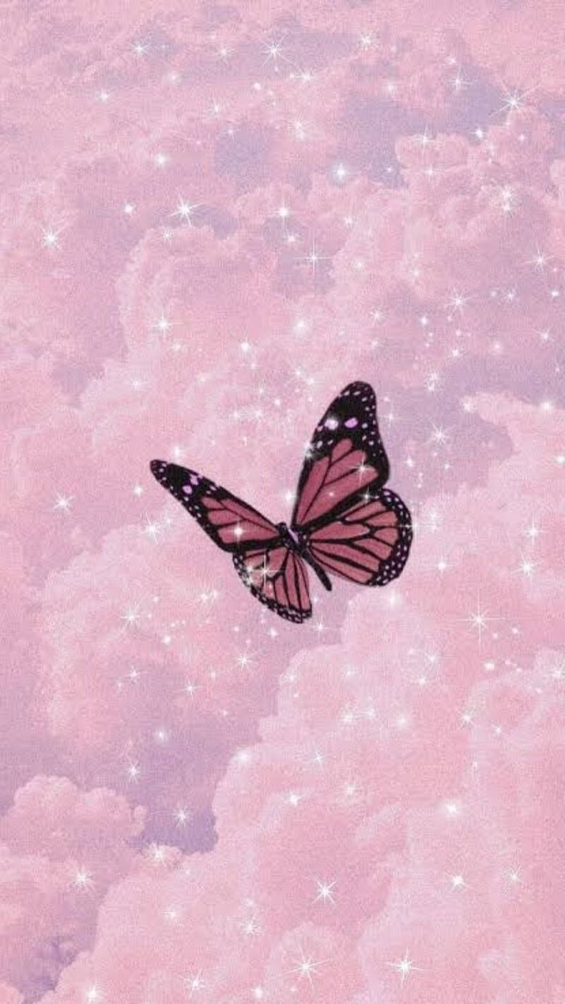 A butterfly flying in the sky with pink clouds - Pastel, kawaii
