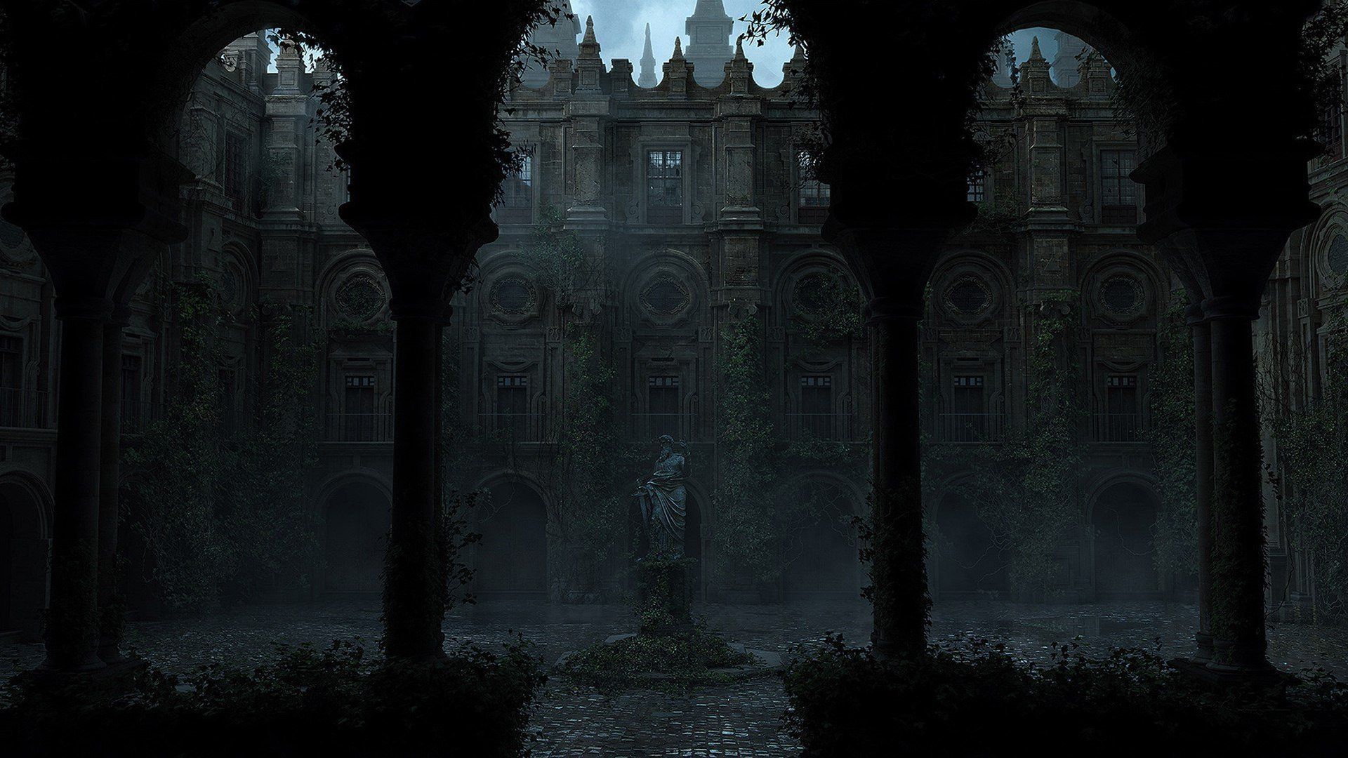 An image of a gothic style building with a courtyard in the middle - Dark, 1920x1080, statue