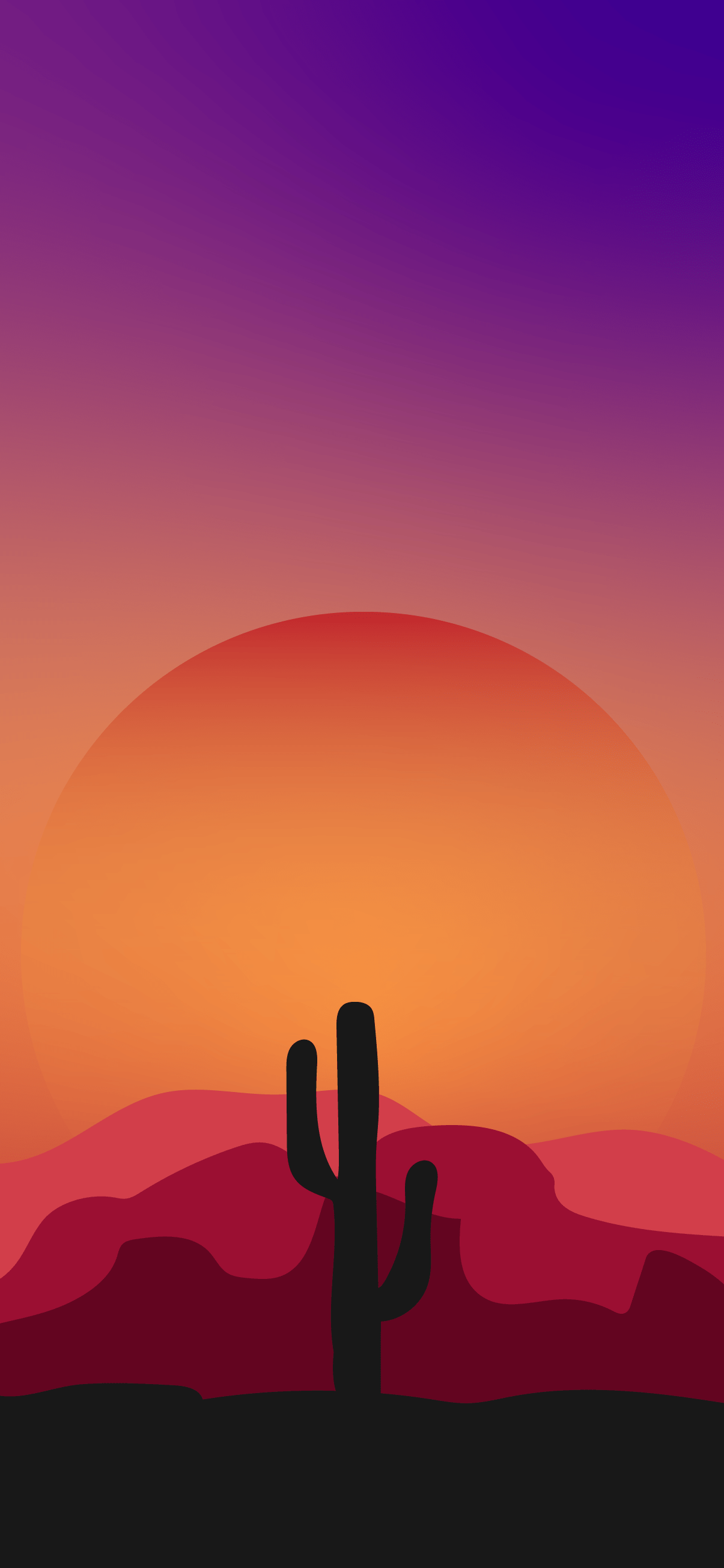 A desert landscape with a cactus in front of a large sun - Desert