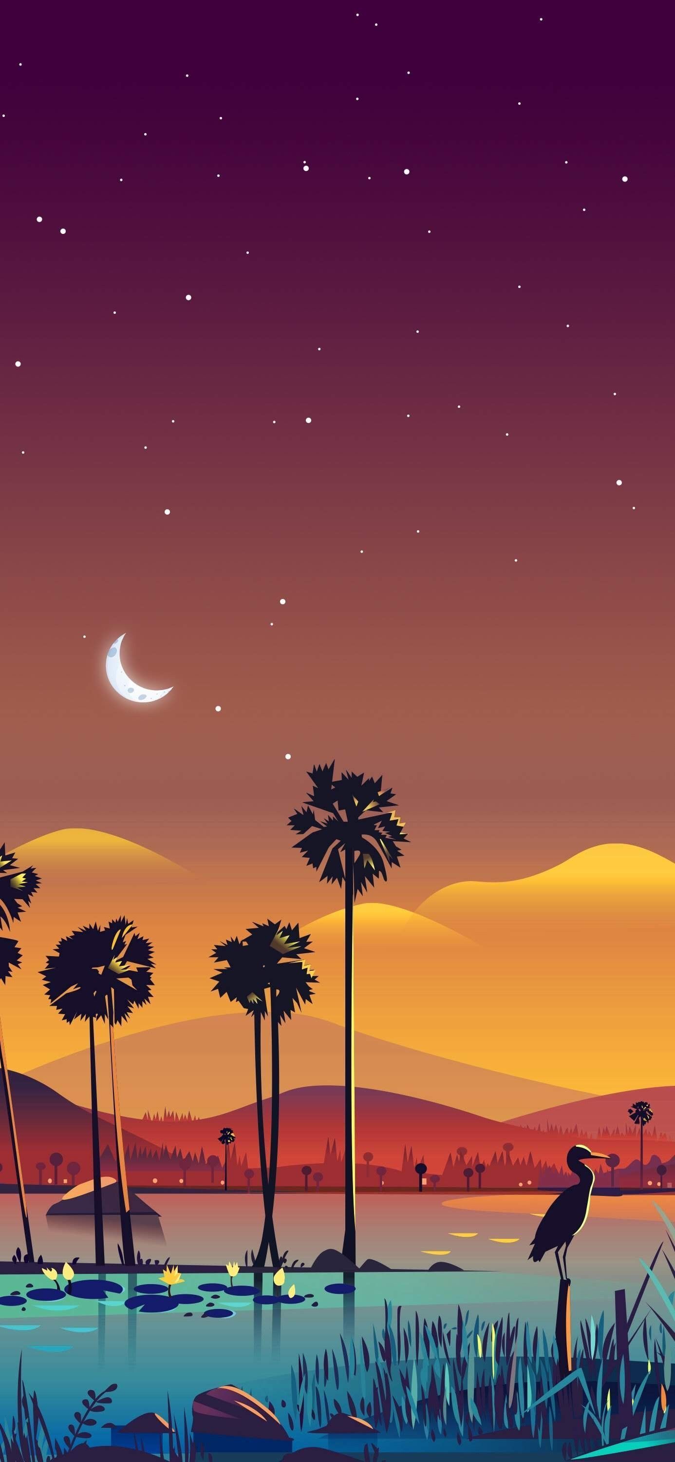 Night scenery with palm trees and a bird in the water - Desert