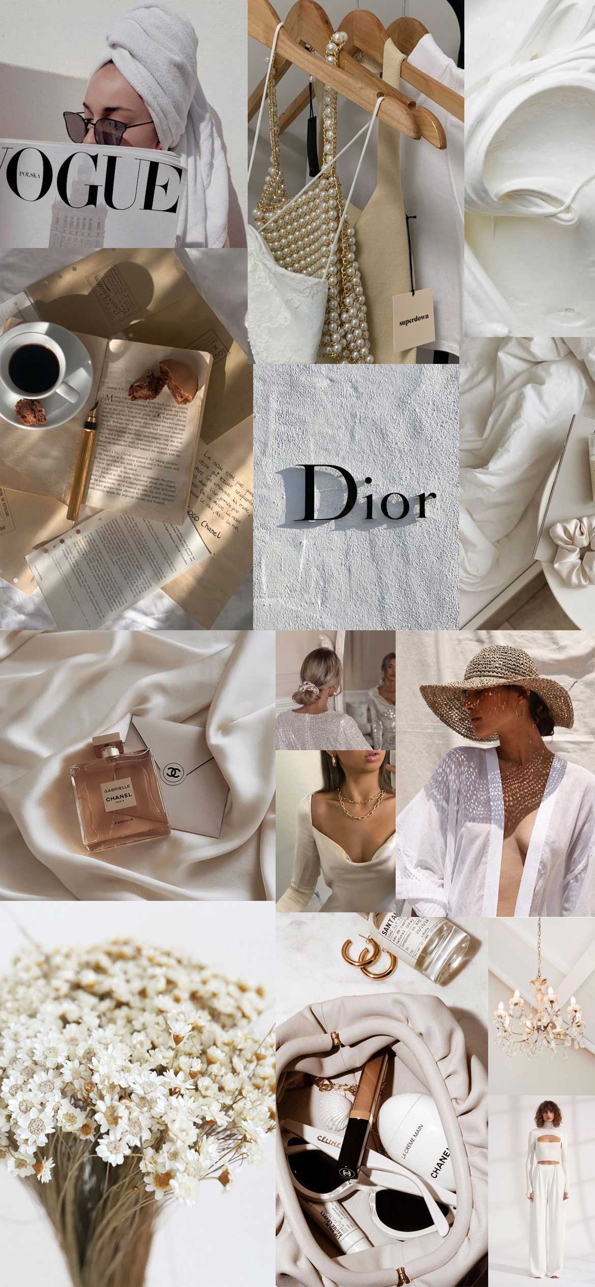 A collage of various photos including dior and vogue magazines. - White, neutral, champagne, Chanel, collage, Dior
