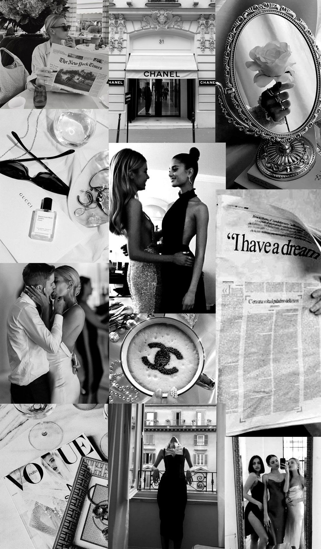 A collage of pictures with the words 'happy anniversary' - White, wedding, Paris, collage, black and white, nails, photography, Vogue, Chanel, gray, Gucci, New York