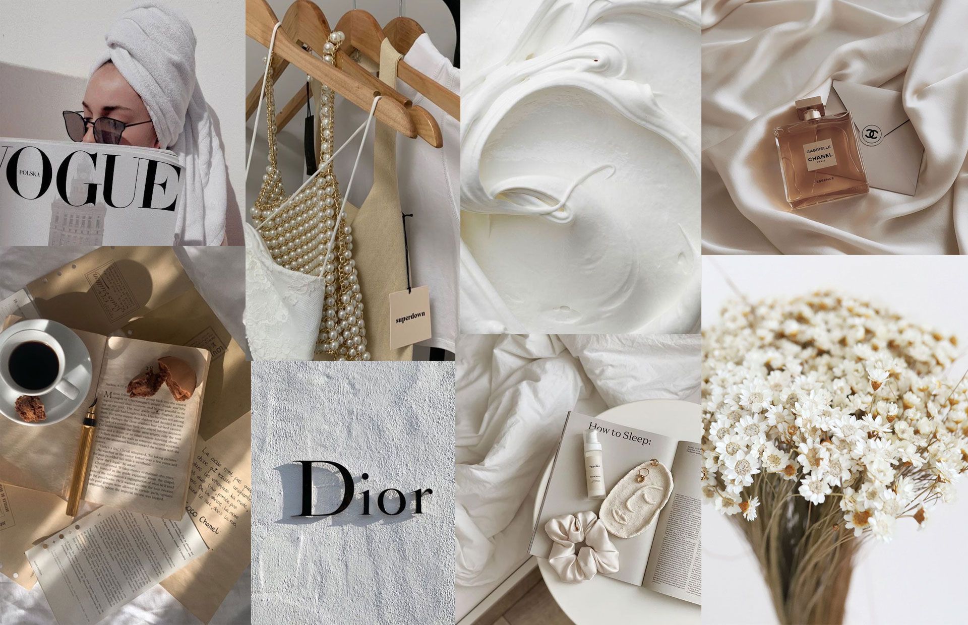A collage of different items with the word dior on them - Laptop, white, champagne, Dior, Chanel