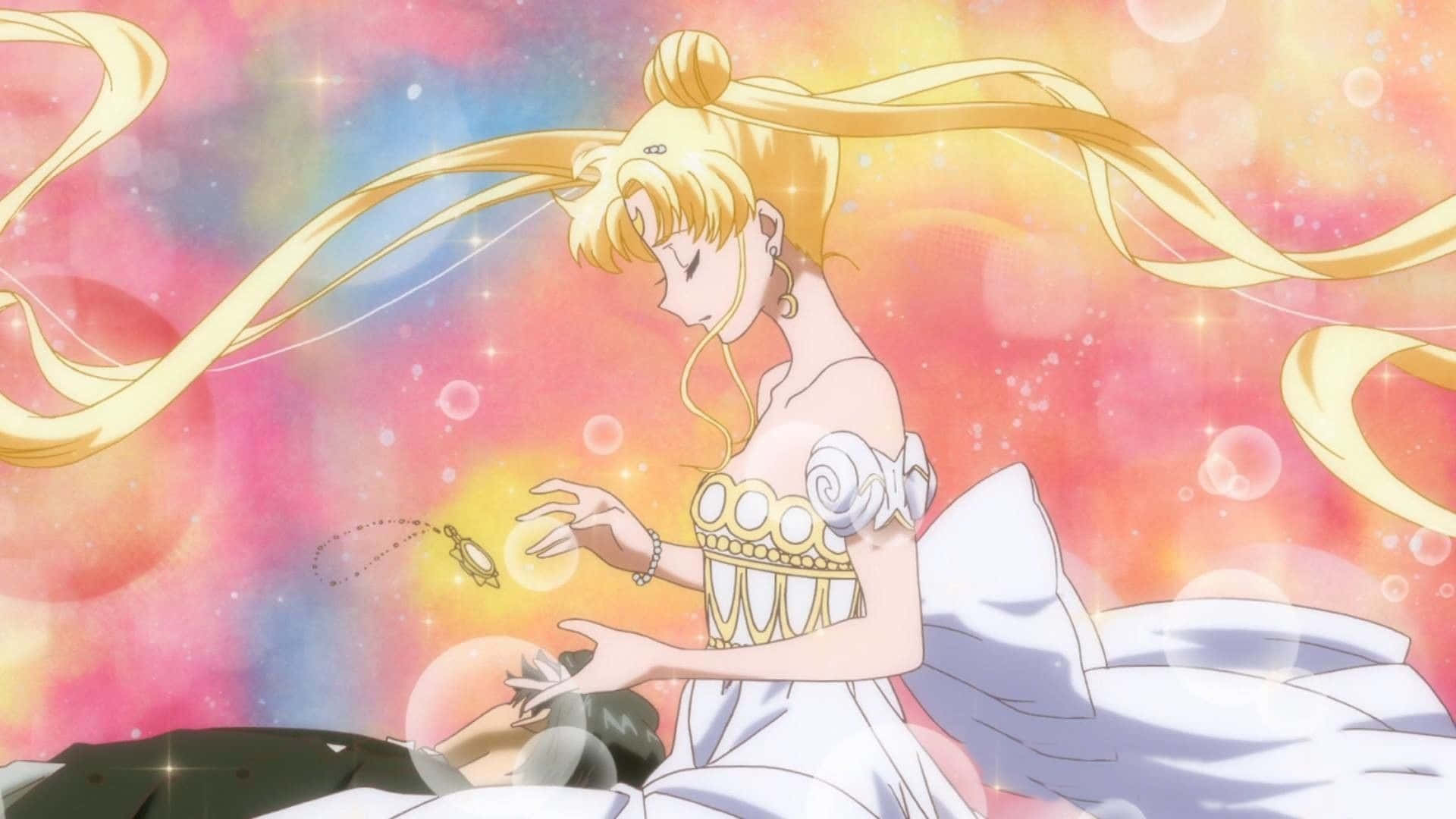 A woman in white dress holding an object - Sailor Moon