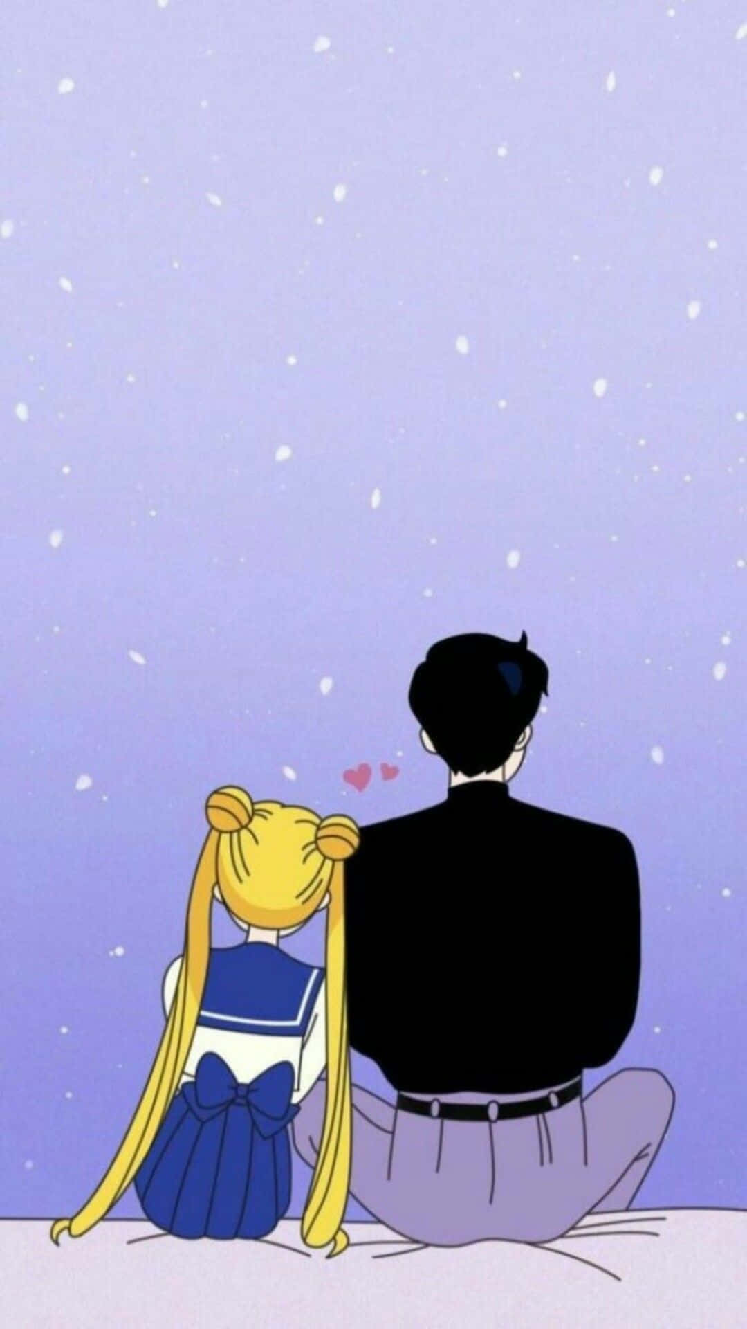 Anime couple sitting on the ground looking at each other - Sailor Moon