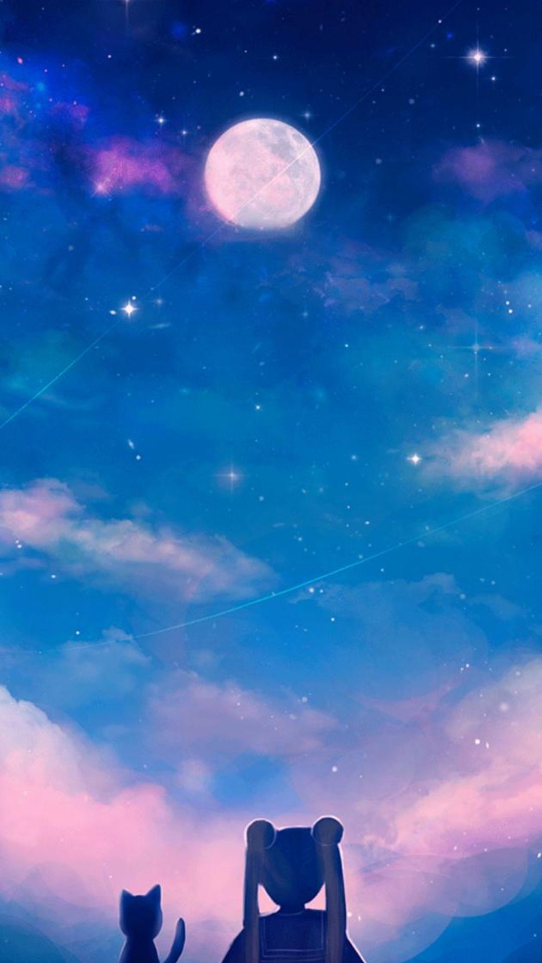 IPhone wallpaper of a cat and a teddy bear watching the stars and the moon - Sailor Moon