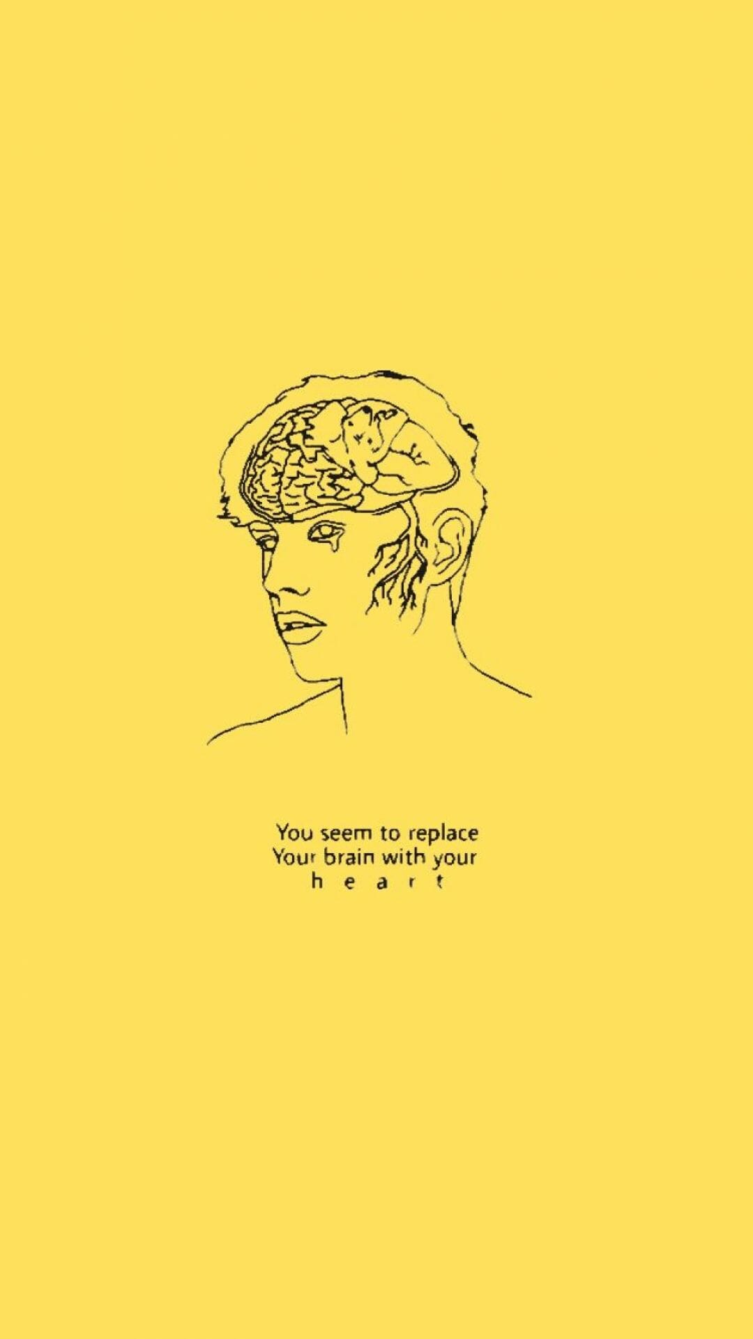 Yellow aesthetic wallpaper with a brain illustration - Sad quotes, depressing, sad
