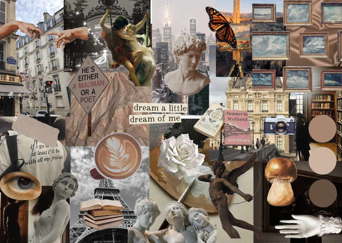 A collage of images, including a statue, a butterfly, a cup of coffee, and a book. - Light academia, dark academia