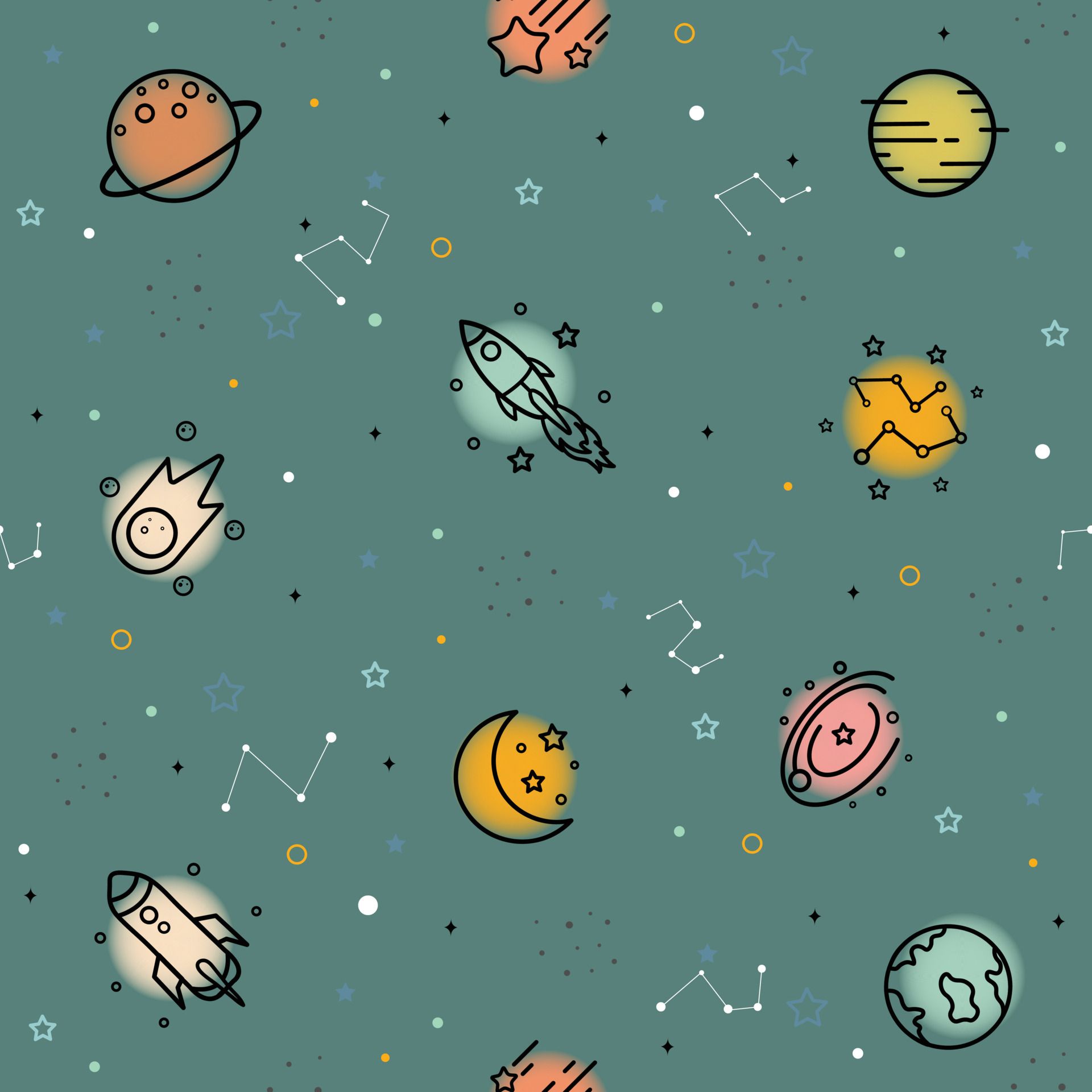 Cute seamless pattern for kids Background image of stars, planets and spaceships Design concepts used for Printing, textiles, children's clothing patterns, gift wrap. Vector illustration