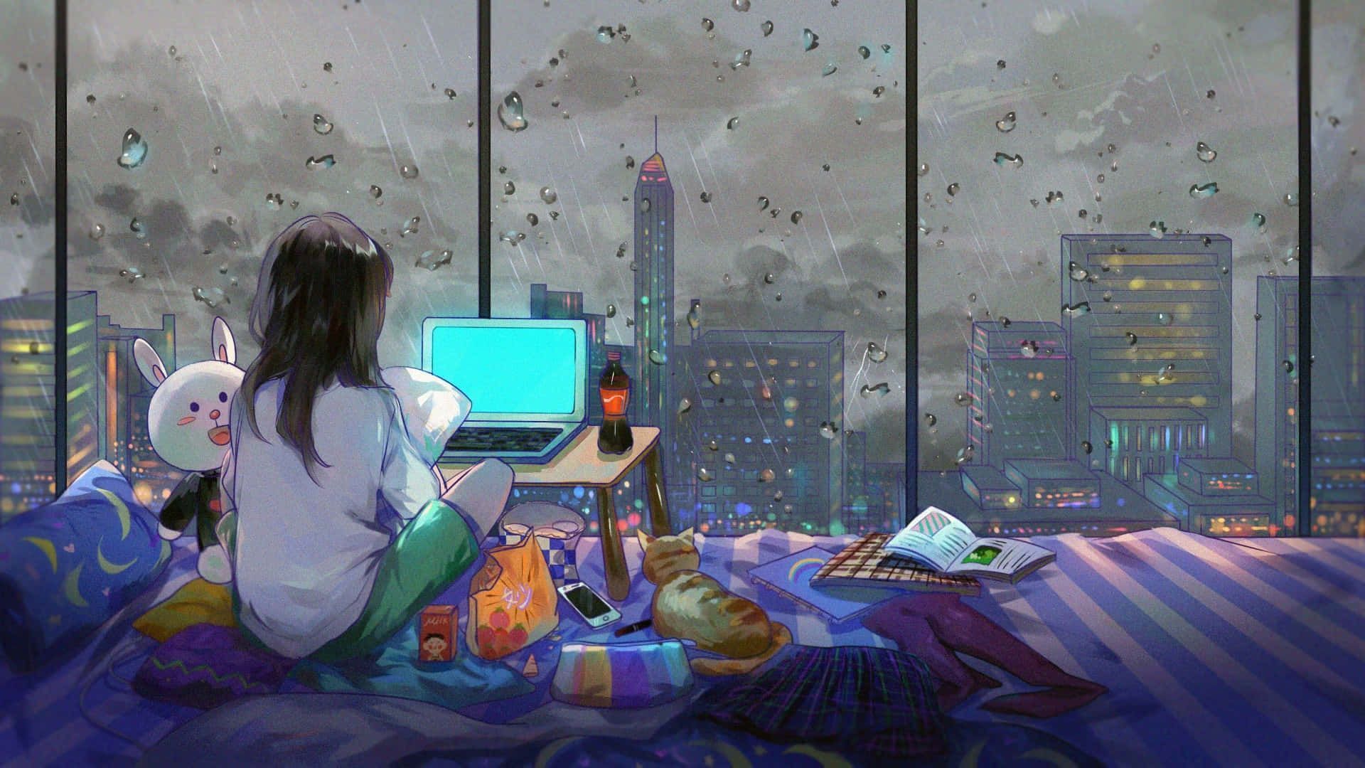 A woman sitting on a bed with a cat, a teddy bear, a book, a laptop, and a cup of tea - Anime girl, anime
