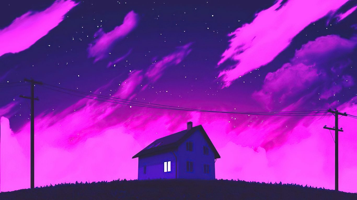 A house sits on a hill with a purple sky - 1366x768