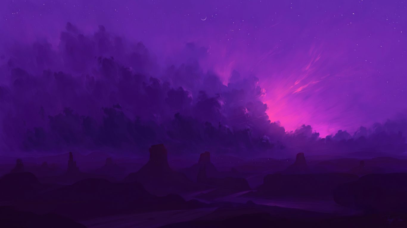 A purple sky with a crescent moon and stars above a purple mountain range - 1366x768