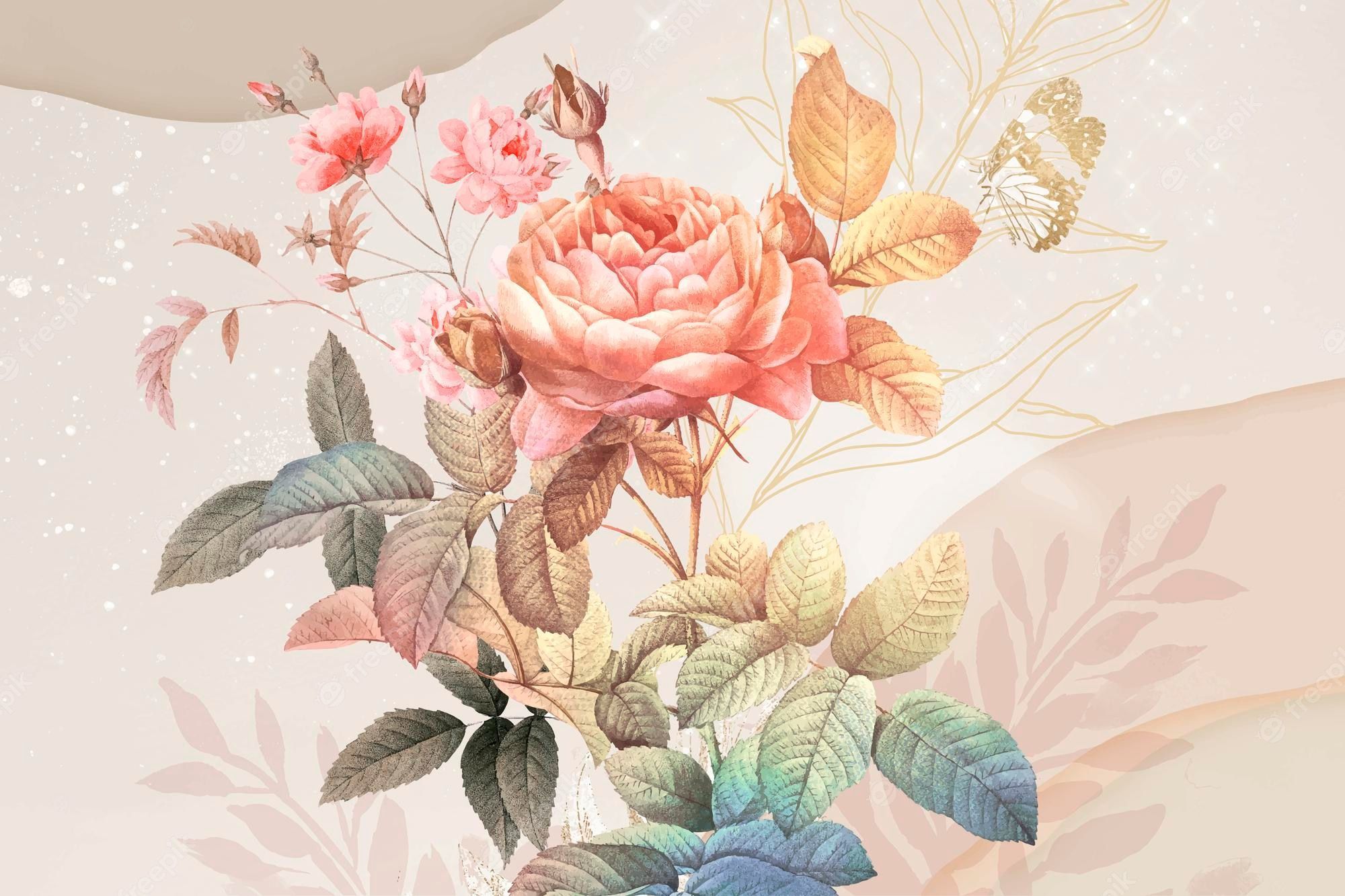 A pink rose with golden leaves on a pink background - Retro, vintage