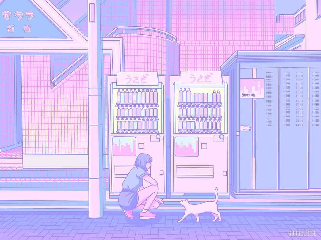 A digital illustration of a woman and a cat in a pastel cityscape - Light purple