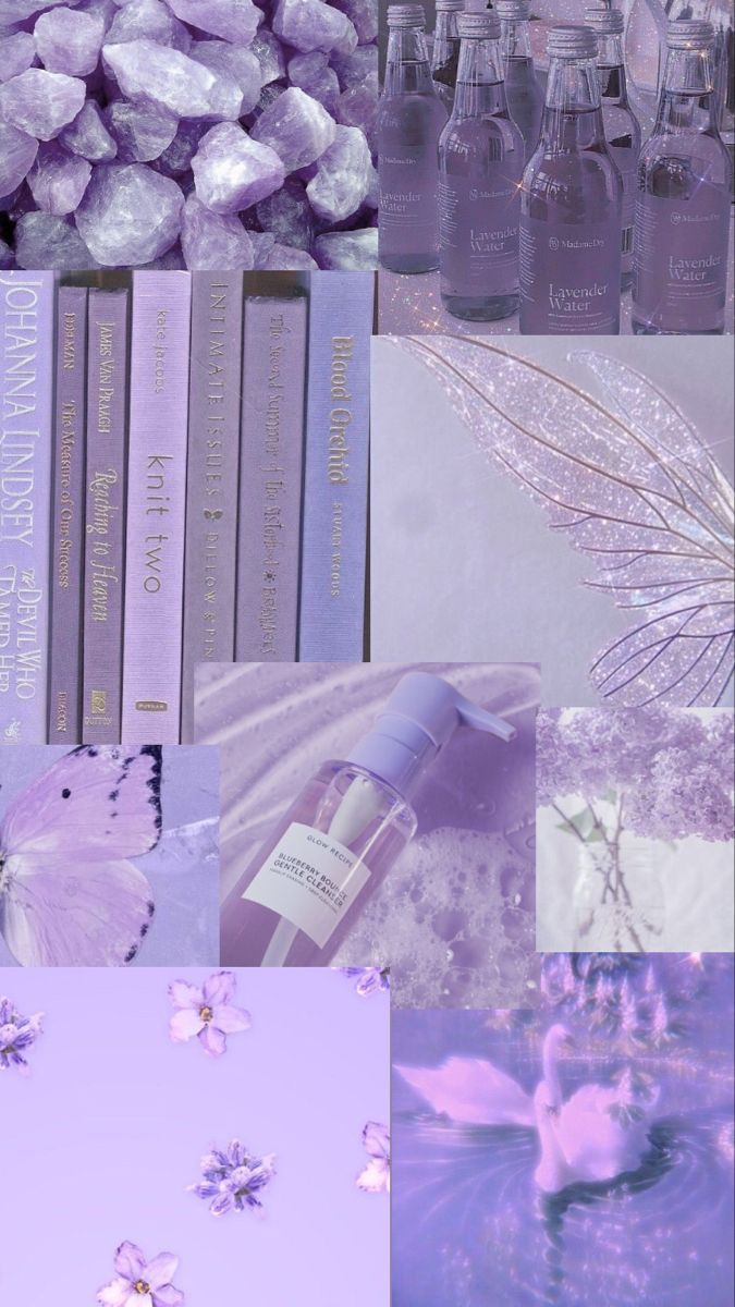 Aesthetic purple background with books, butterfly, flowers, and water. - Light purple