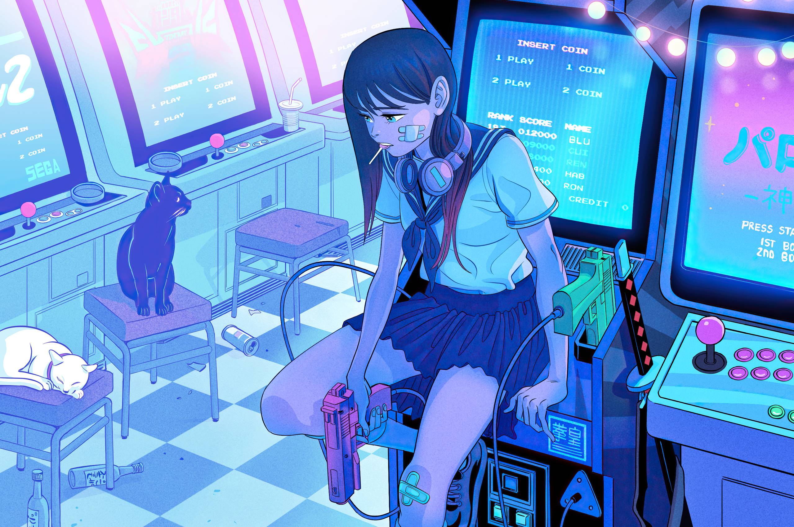 A girl sitting in front of an arcade game - Anime girl, anime, gaming