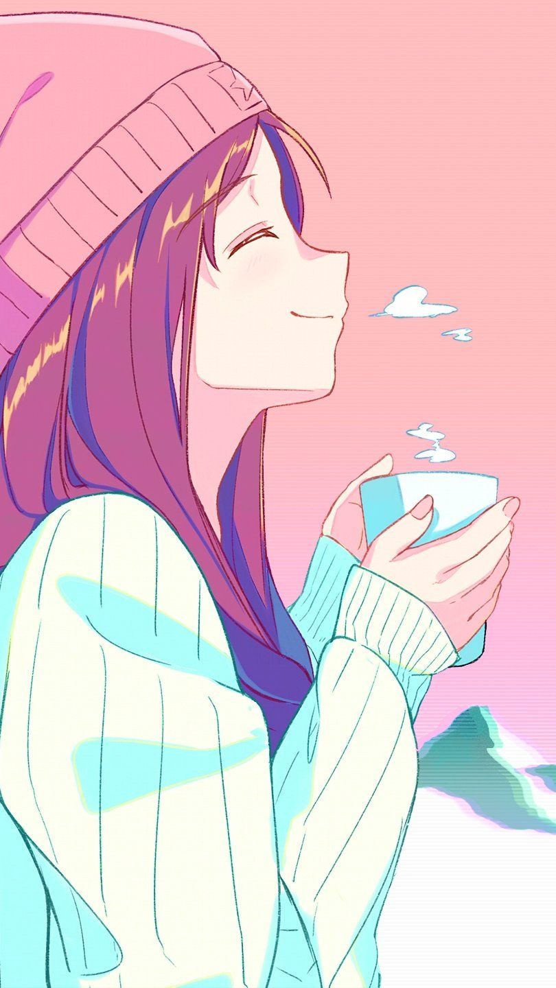 Anime girl drinking coffee, pink background - Anime girl, anime