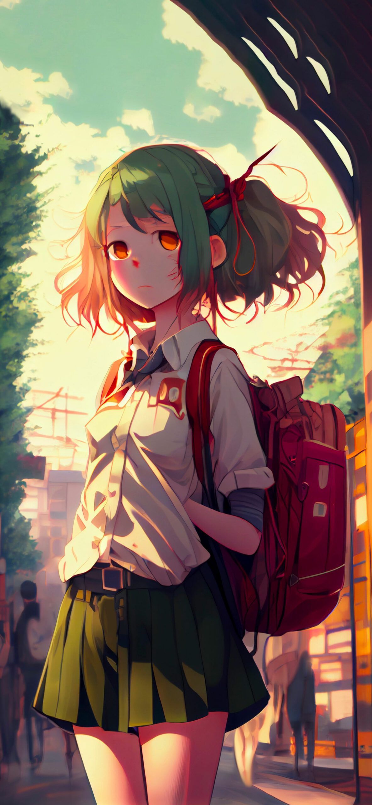 Anime girl with green hair standing on the street - Anime girl, school, anime