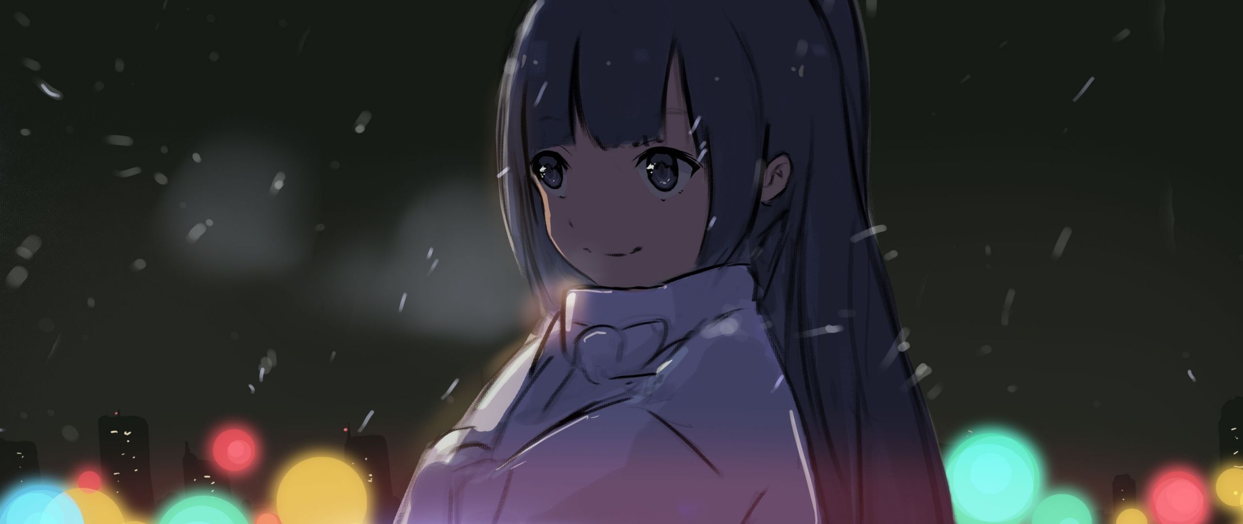 A girl with long hair is standing in front of some lights - Anime girl