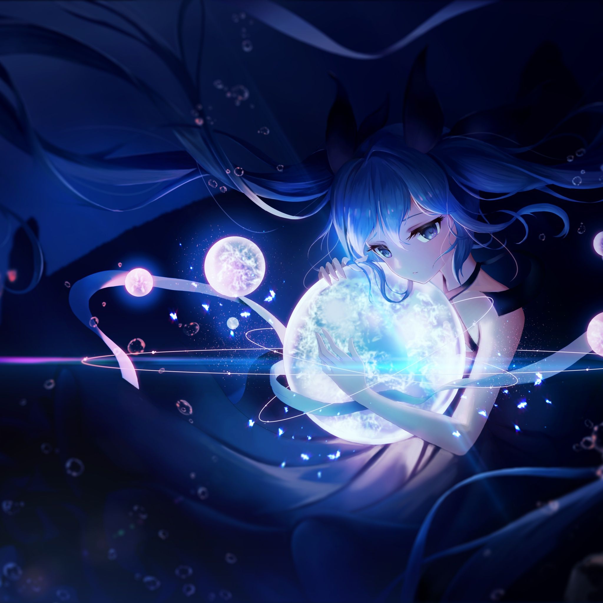 A blue haired anime girl holding a glowing blue orb - Anime girl