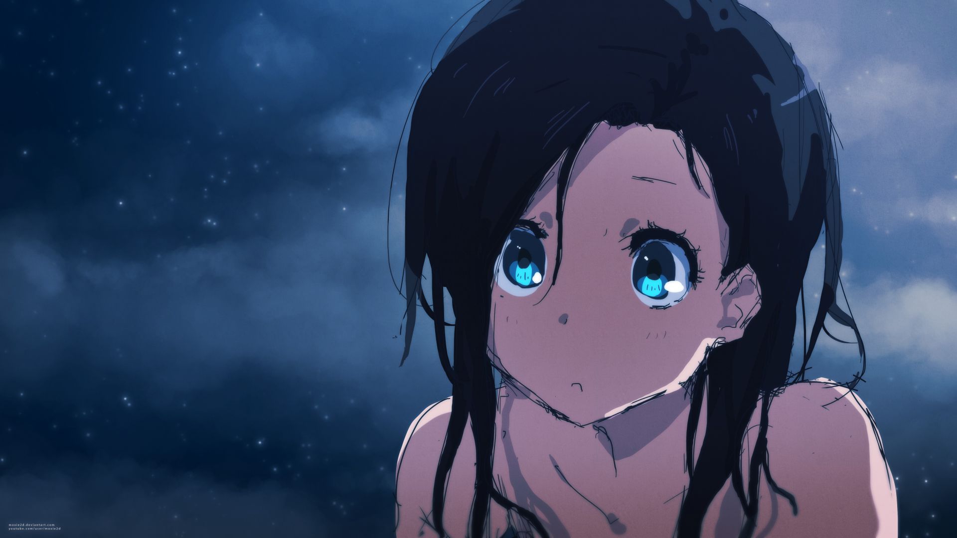 Anime girl with blue eyes looking up - Anime girl