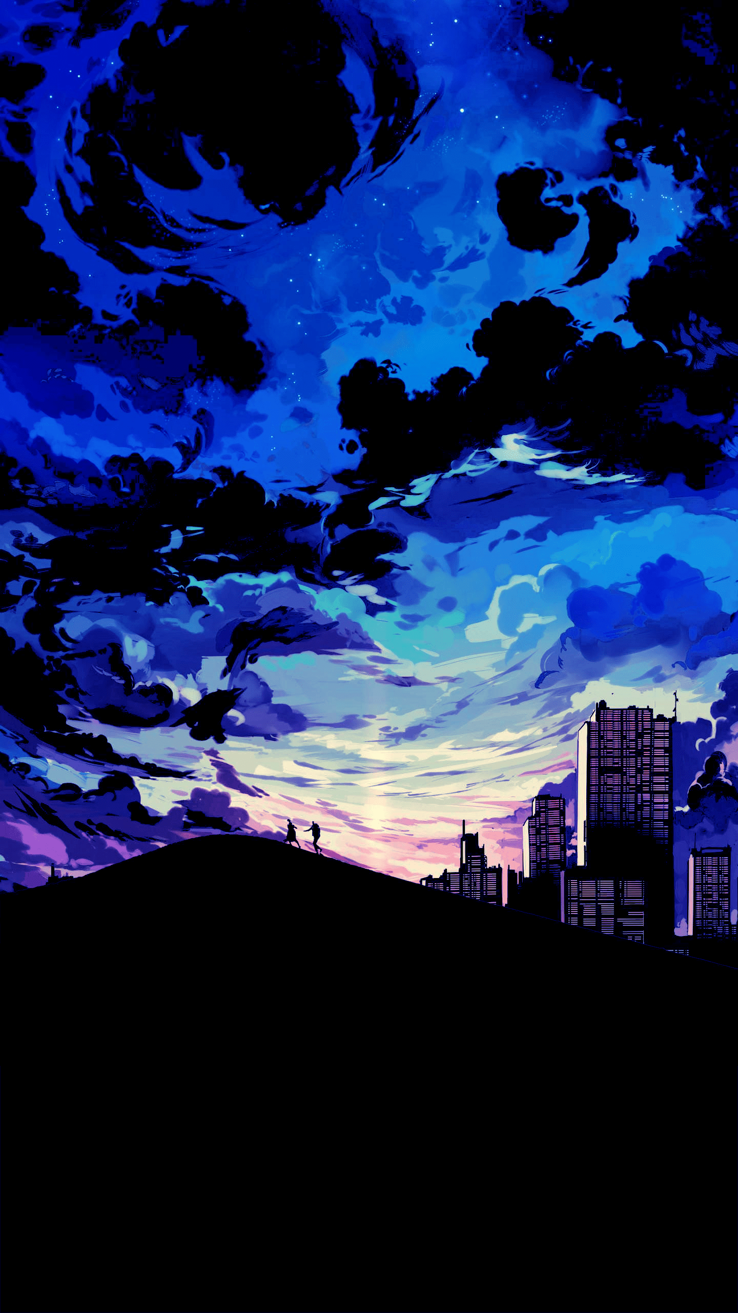 Anime phone wallpaper of a city at night with a sky full of stars - Anime sunset, anime landscape