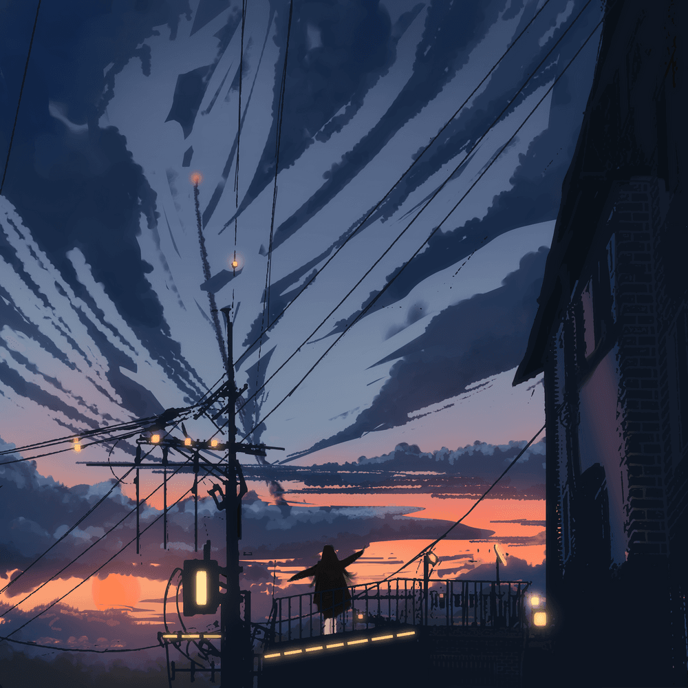 An anime style image of a man standing on a bridge - Anime sunset