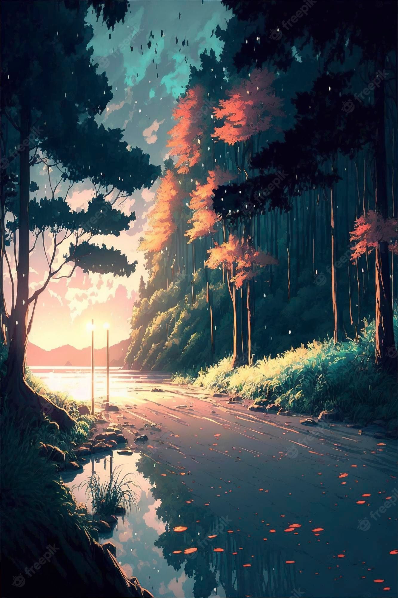 A painting of the forest at sunset - Anime sunset