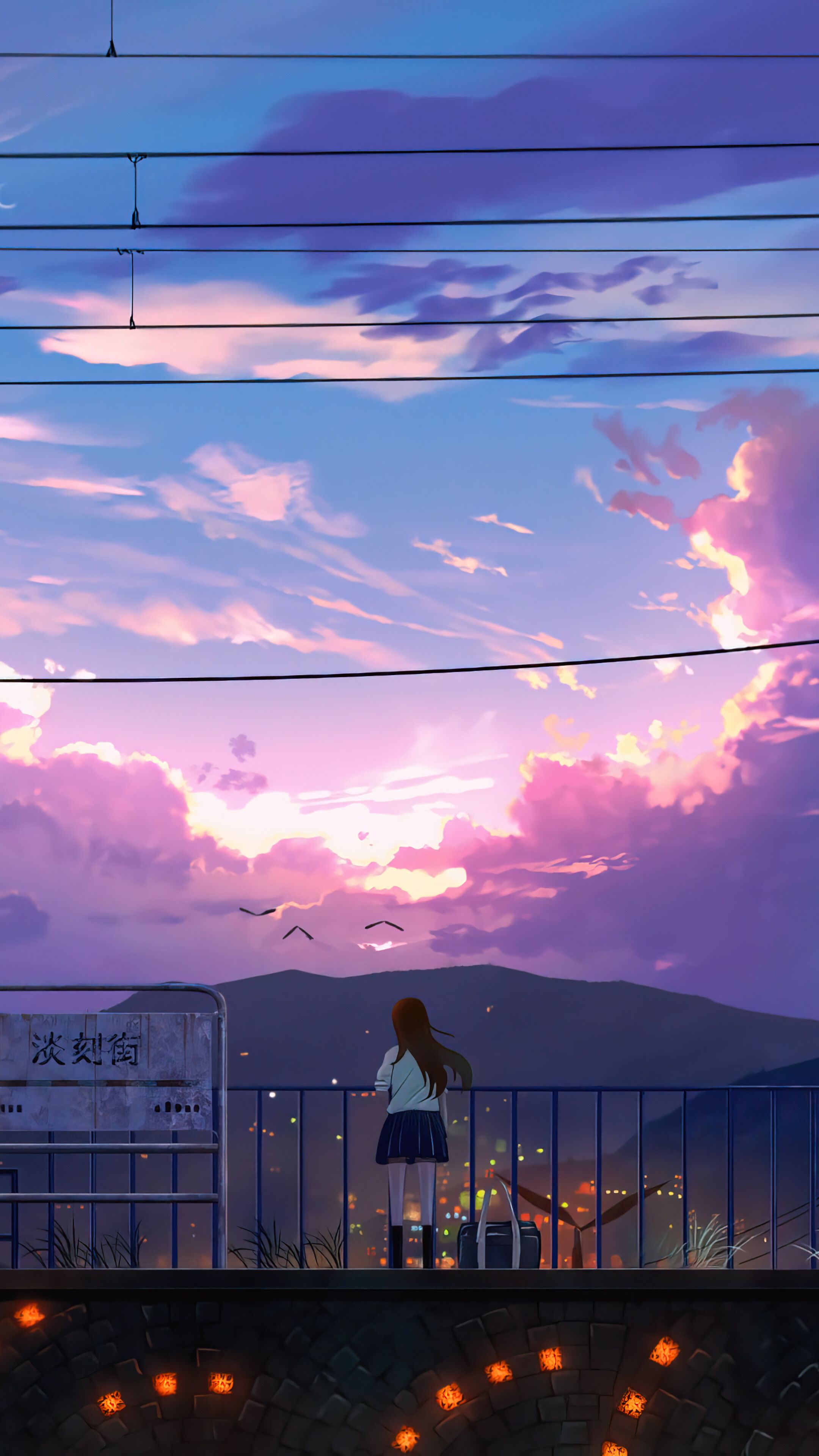 A girl is looking at the sky - Anime sunset