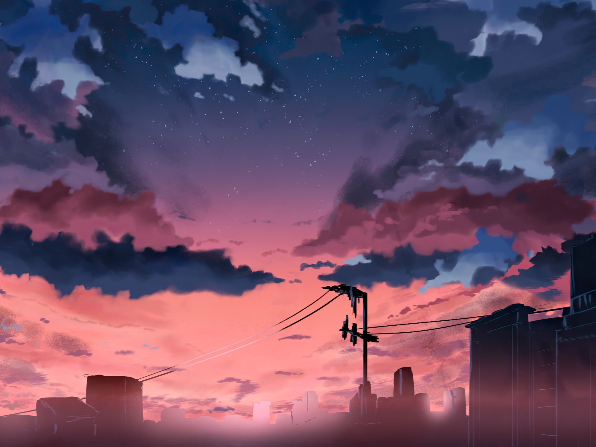 1920x1200 anime, 5 Centimeters Per Second, city, sunset, power lines, clouds, buildings, pink, purple, blue, white, black - Anime sunset