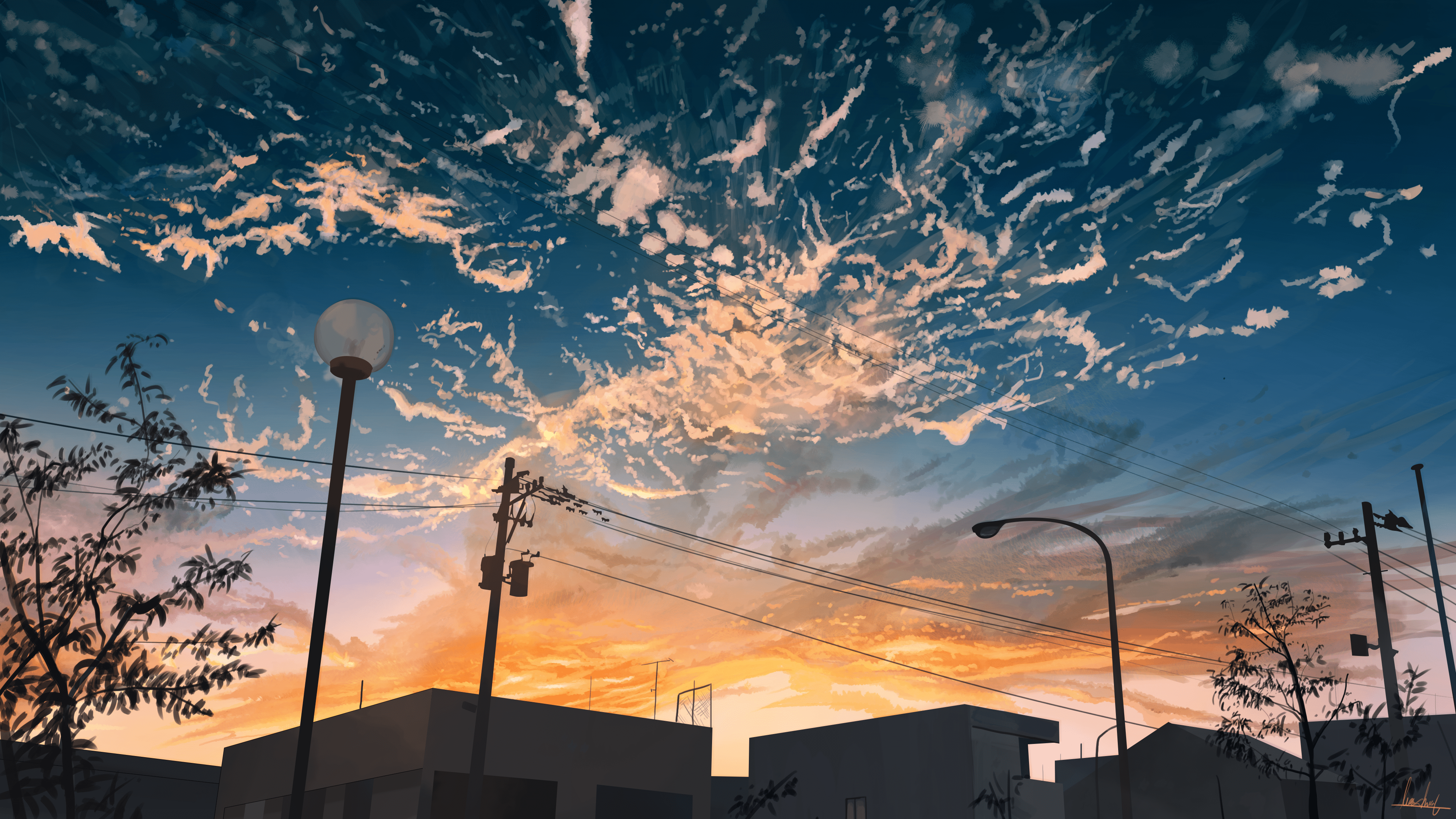 The sky is painted with the colors of the sunset, and the clouds are like cotton candy. - Anime sunset