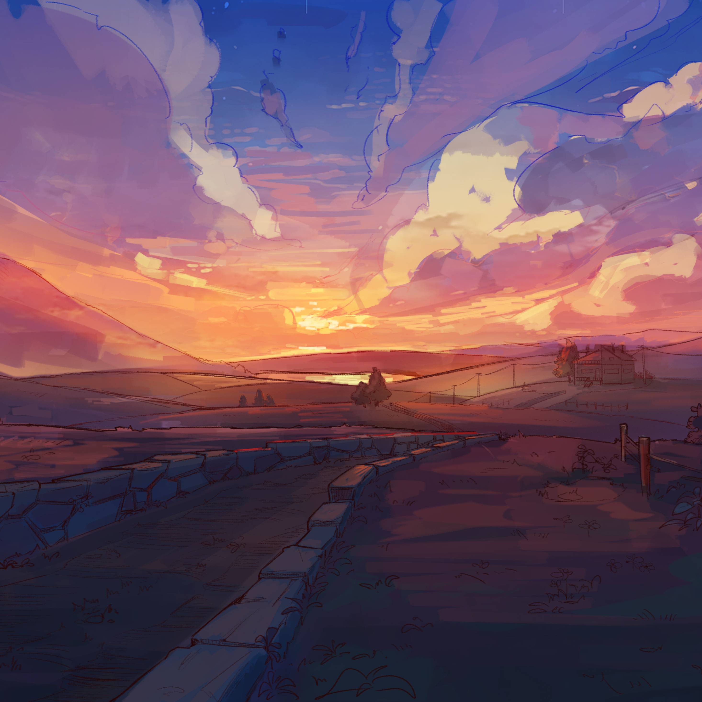 A digital painting of a beautiful sunset over a bridge - Anime sunset