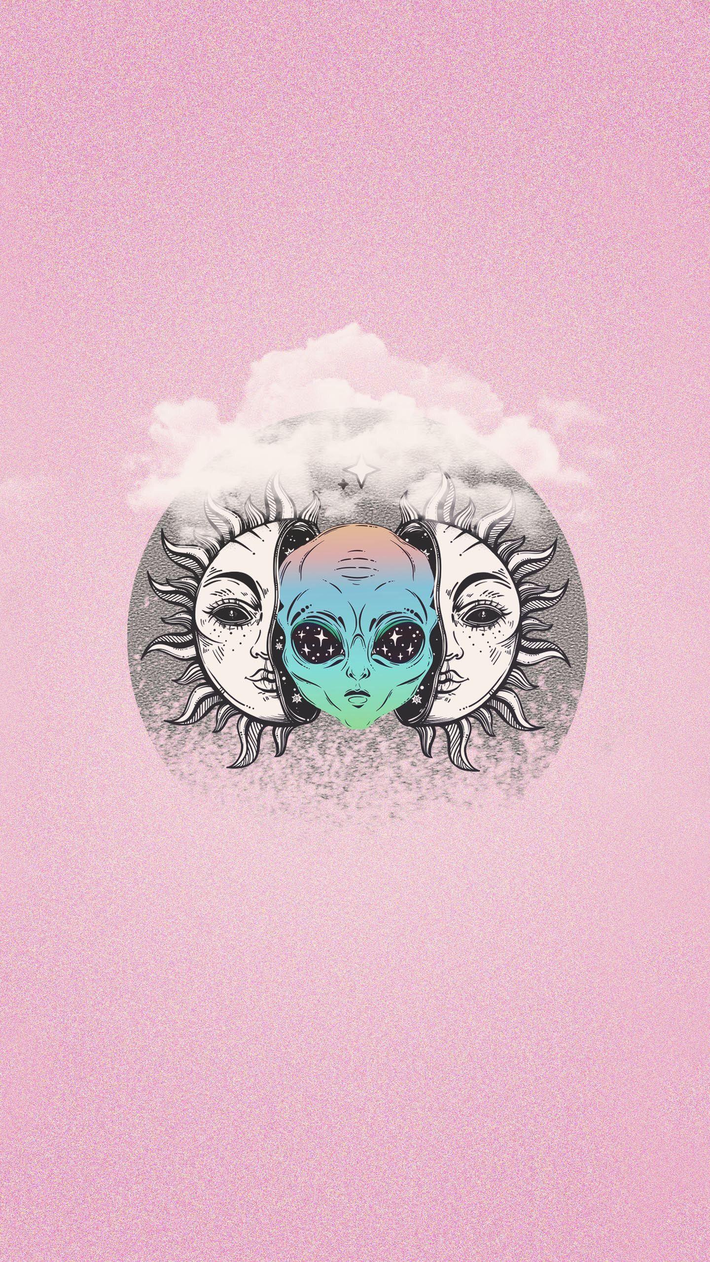 A digital illustration of a sun and moon made out of a face with an alien's head. - Trippy