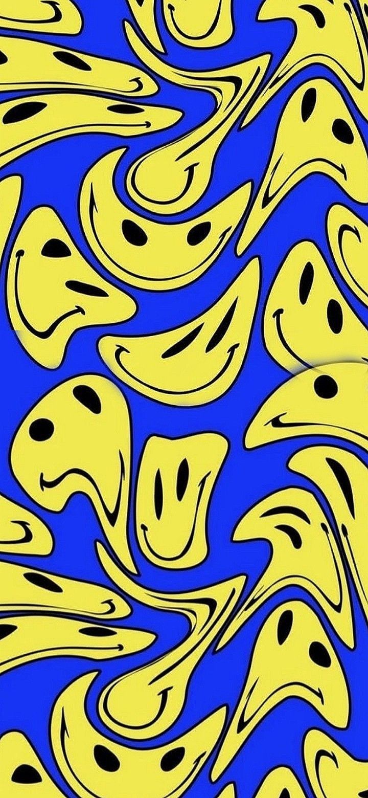 A yellow and blue pattern with smiling faces - Trippy