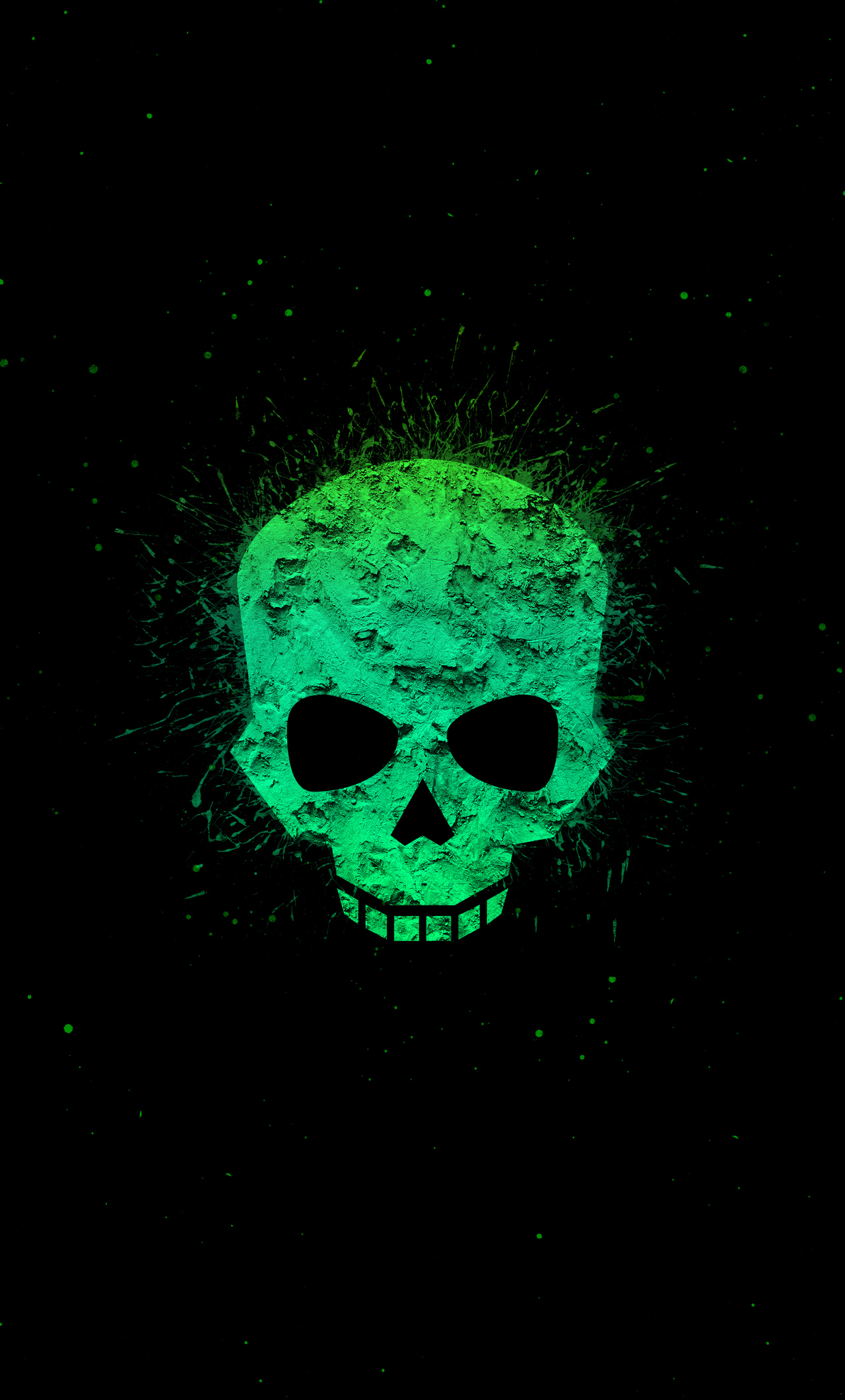 A green skull on black background with stars - Neon green, skull